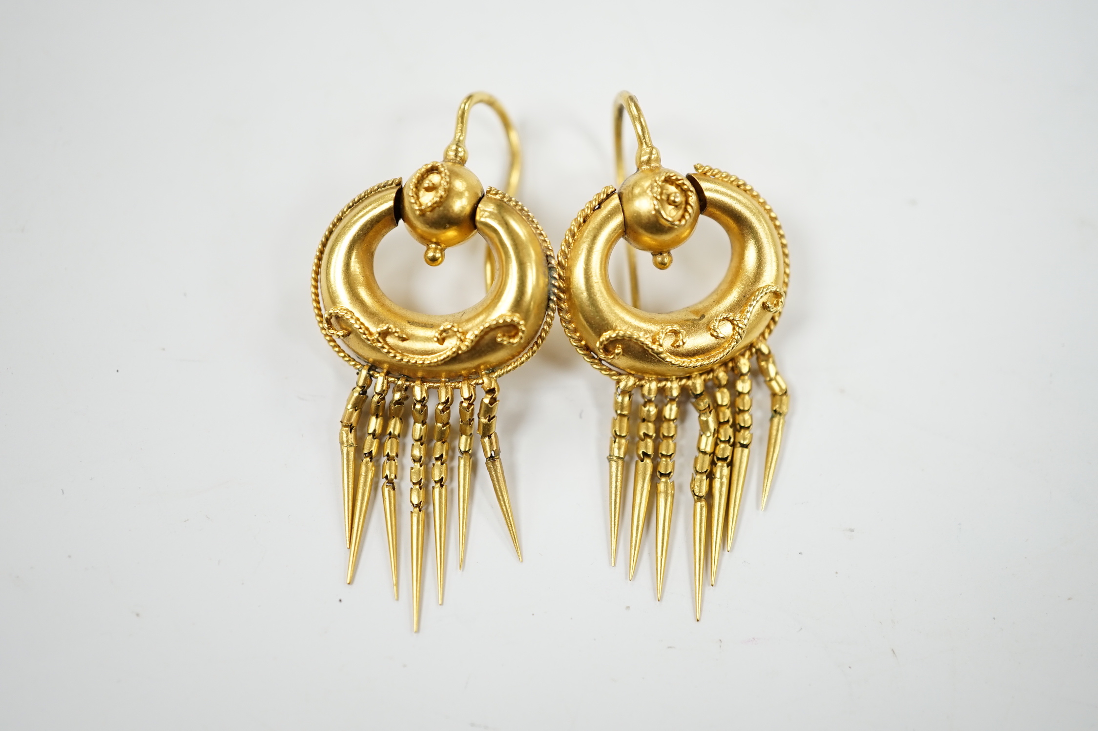 A pair of Victorian yellow metal circular openwork tassel drop earrings, 42mm, 5.8 grams.